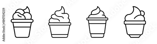 Four minimalist line icons depicting soft serve ice cream or frozen yogurt in cups