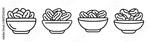 A collection of four simple line art icons featuring bowls filled with dates
