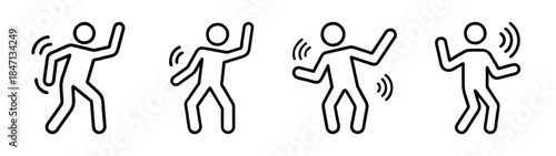 A collection of four minimalist stick figure icons depicting energetic dancing and celebration