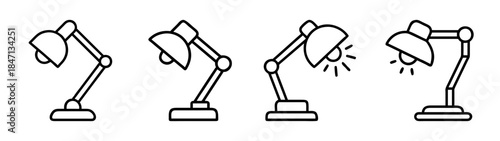 A collection of linear icons representing an adjustable desk lamp in both on and off states