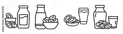Almond milk and fresh almonds in a collection of icon designs