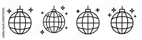 A set of four sparkling disco ball icons in a simple line art style on white background