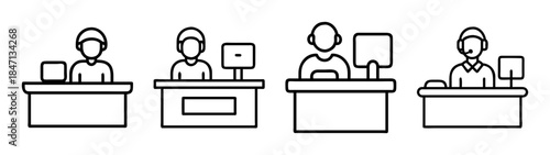 Icons of people working at desks and customer service representatives