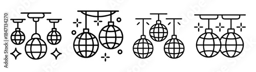 A collection of different outline icons featuring disco balls for party and celebration