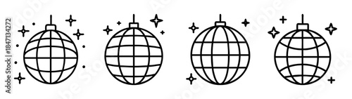 A set of four black and white line art disco ball icons with sparkle effects