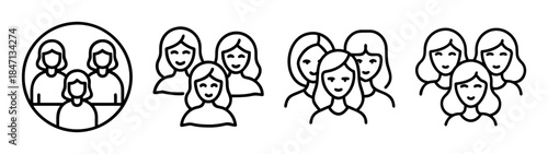 Outline icons set of three women group symbols for user interface and profile representation