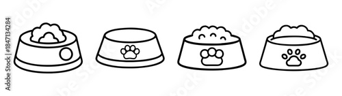 A collection of black and white line art icons depicting various pet food bowls