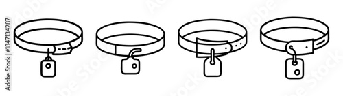 Different styles of pet collars with identification tags illustrated in a simple black and white line art