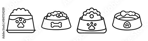 A set of four outline icons depicting various designs of pet food bowls for dogs and cats