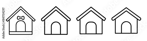 Black and white line art icons featuring a set of four simple dog house designs on a white background