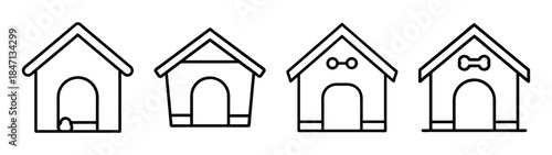 A collection of four black and white line art icons depicting different variations of dog houses.