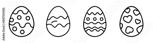 A set of four simple black and white line art illustrations of decorated easter eggs