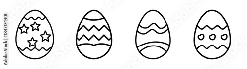A collection of four black and white line art icons depicting decorative easter eggs with different patterns.