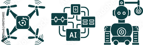 Drone AI network and robot icons quadcopter aerial