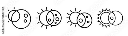Set of four line art icons illustrating the stages of a solar eclipse with sun and moon
