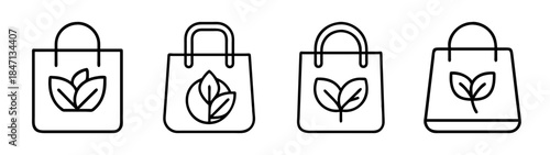 Eco-friendly shopping bag icon set with leaf symbols representing sustainability