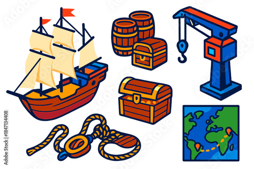 Maritime Trade Icons. Isometric vector illustration set Maritime Trade Vessels: merchant sailing ship, cargo barrels, treasure