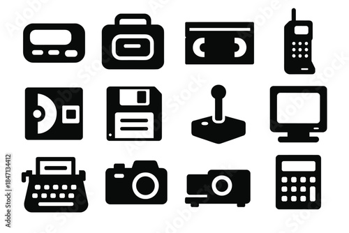 Obsolete Tech Icons. Solid style icons of Obsolete Tech: Pager, Cassette Player, Betamax Tape, Car Phone, MiniDisc, Floppy Disk,