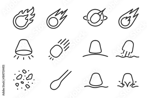Cosmic Reentry Icons. Line style icons of cosmic reentry: fireball, streaking debris, sonic boom, bright meteor; capsule