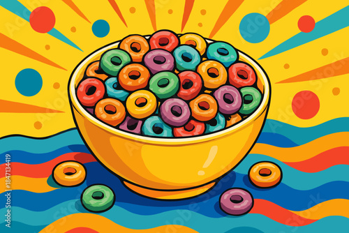 Vibrant Breakfast Scene. Colorful cereal in a vibrant yellow bowl placed on a bright vector illustration and playful background,