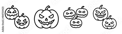Halloween pumpkins jack-o'-lantern icons set vector illustration line art