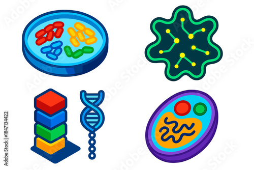 Designer Bacteria Concepts. Isometric vector illustration set Designer Organism Concepts: Color-coded bacteria colony,