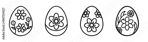 Four black and white easter eggs decorated with floral patterns, suitable for coloring pages