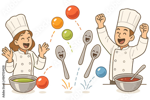 Spherification Celebration. Spherification workshop with colorful liquid orbs bouncing, spoons laughing, and chefs cheering No