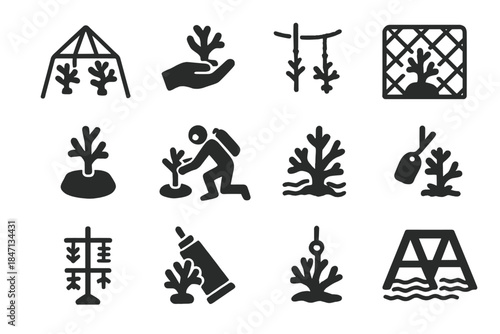 Reef Restoration Icons. Solid style icons of Reef restoration: coral nursery frame, transplant fragment, rope line, cement base,