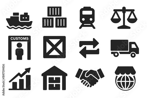 Global Trade Icons. Solid style icons of global trade: cargo ship, container stack, freight train, trade balance scale, customs