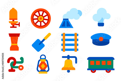 Steam Locomotive Icons. Flat vector icons of Steam Locomotive: whistle, drive wheel, cowcatcher, steam cloud, smokestack, coal