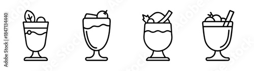 A collection of line art icons featuring various sweet treats and parfaits in glasses