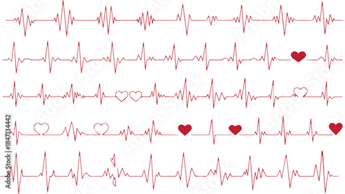 Red heartbeat line collection with heart symbol, cardiology, medical pulse, ECG, EKG design, healthcare clipart vector illustration, health monitoring, digital heartbeat graphics