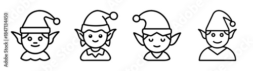 A collection of four minimalist black outline icons depicting christmas elves with pointy hats