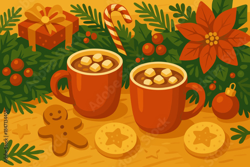 Festive Holiday Breakfast. Festive holiday breakfast setup with mugs of hot cocoa surrounded by Christmas decorations, warm and