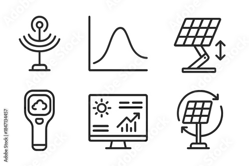 Testing and Monitoring Icons. Line style icons of Testing and Monitoring Systems: irradiance sensor, energy output graph, panel