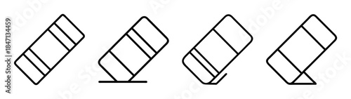 Four different tilted line art icons of a rectangular rubber eraser on a white background