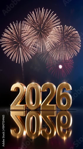 Year 2026 celebration with golden numerals and multicolor fireworks bursting against night sky. Seamless loop vertical animation