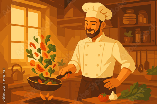 Chef's Kitchen Delight. Atmospheric kitchen with a chef tossing fresh vegetables in a skillet, illuminated by warm vector