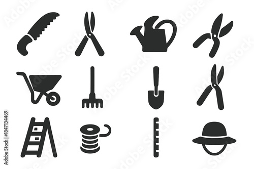 Horticultural Tools Icons. Solid style icons of horticultural tools: pruning saw, garden shears, hand pruner, watering jug,