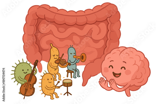 Microbial Symphony Performance. Microbial symphony with bacteria playing instruments, intestines as the concert hall, and brain