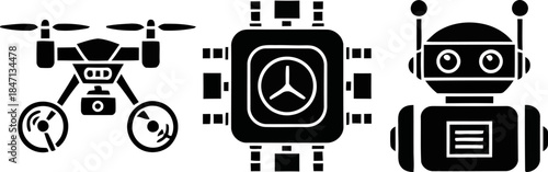 Drone central processing unit and robot icons set quadcopter aerial