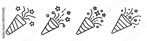 Four line art icons illustrating exploding party poppers for celebration and festive occasions