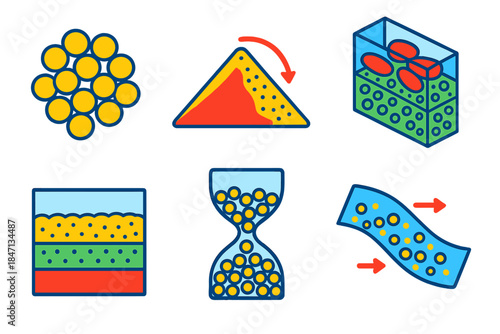 Granular Physics Visualization. Isometric vector illustration set Physics of granular materials: particle clusters, sand pile