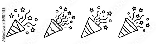 Celebration icon set with party popper and confetti exploding from cones