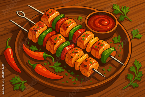 Grilled Chicken Skewers. Freshly grilled chicken skewers with vibrant peppers, herbs, and dipping sauce, rich warm tones, inviting