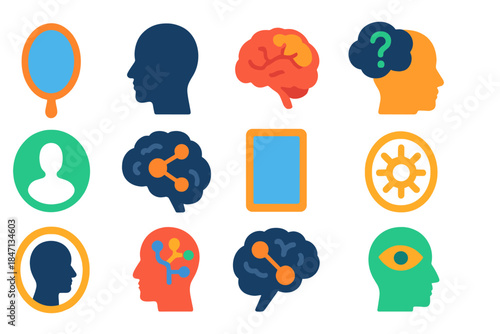 Self-Reflection Icons. Flat vector icons of self-representation in the brain: mirror, silhouette, brain with highlighted