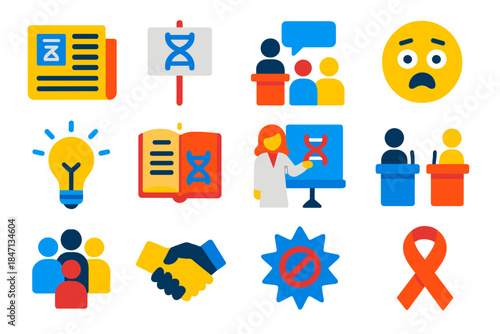 Genetics Public Perception Icons. Flat vector icons of public perception of genetics: media headline DNA, protest sign, public