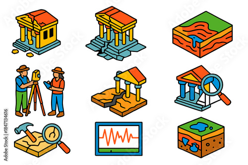 Archaeoseismology Icon Set. Isometric vector illustration set Archaeoseismology: damaged temples, offset foundations, liquefied