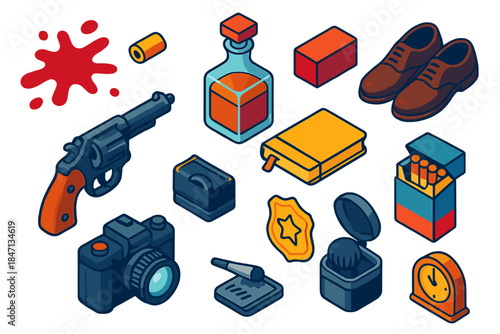Noir Crime Icons. Isometric vector illustration set Noir Investigation: splattered blood mark, ejected bullet casing, whiskey